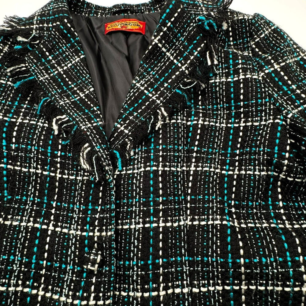 BOOM BOOM JEANS Women's XL Black Blue‎ Woven Fringe Tweed Blazer Jacket Pockets